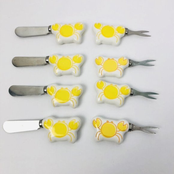 Appetizer Forks & Spreaders Set of 8 Ceramic Crab Handles Hor D'oeuvres Knifes - Picture 4 of 5
